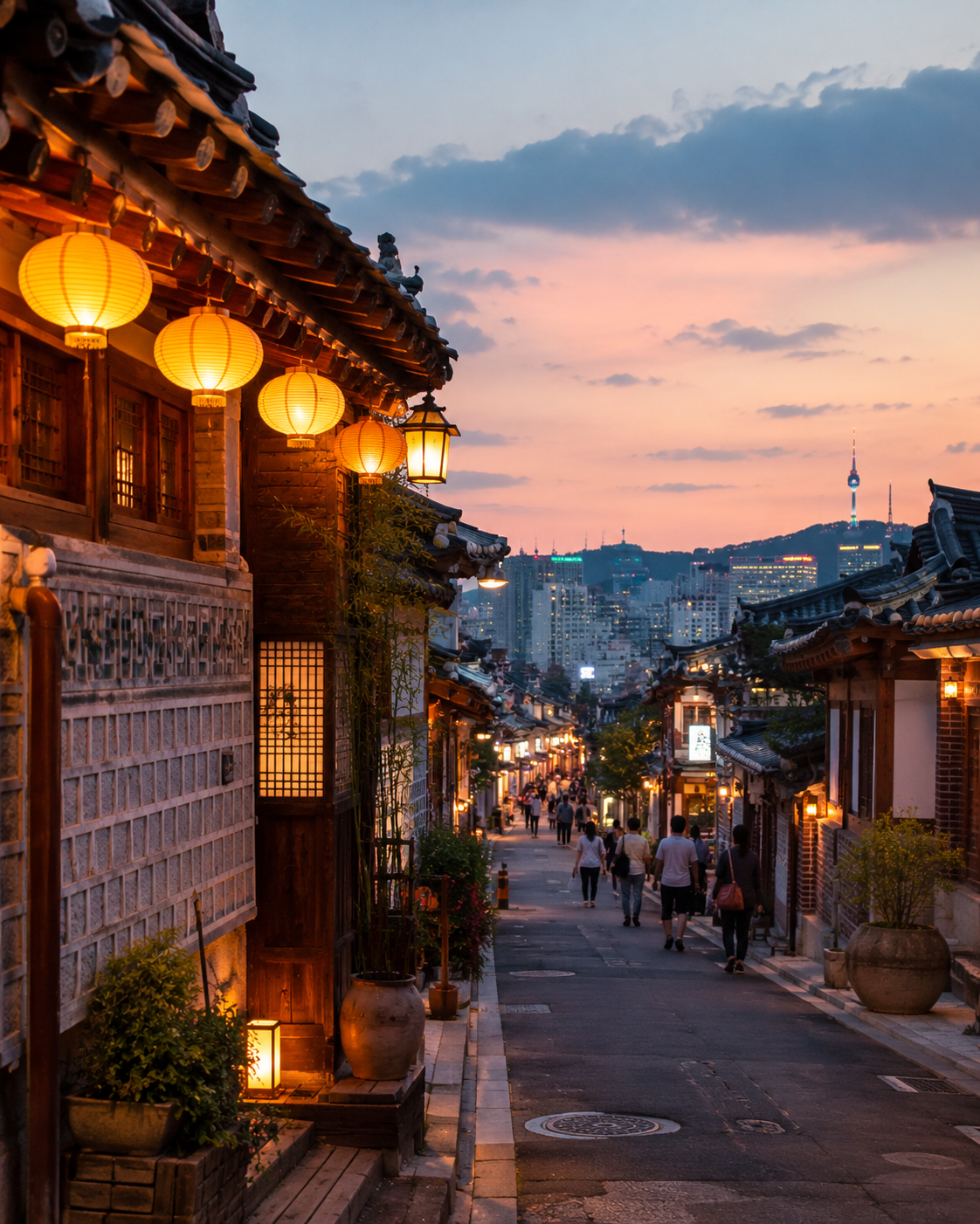 Traditional Korean hanok street at sunset in Seoul